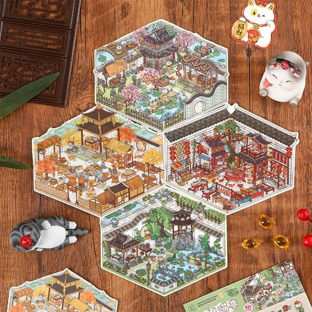 4pack/set 3D Pop-Up Microscopic Scrapbooking Stickers Set New Year National Style Patio Sticker PET Scene Decoration Material Aesthetic Stickers For Cups Notebook Planner Journaling Crafting Designs