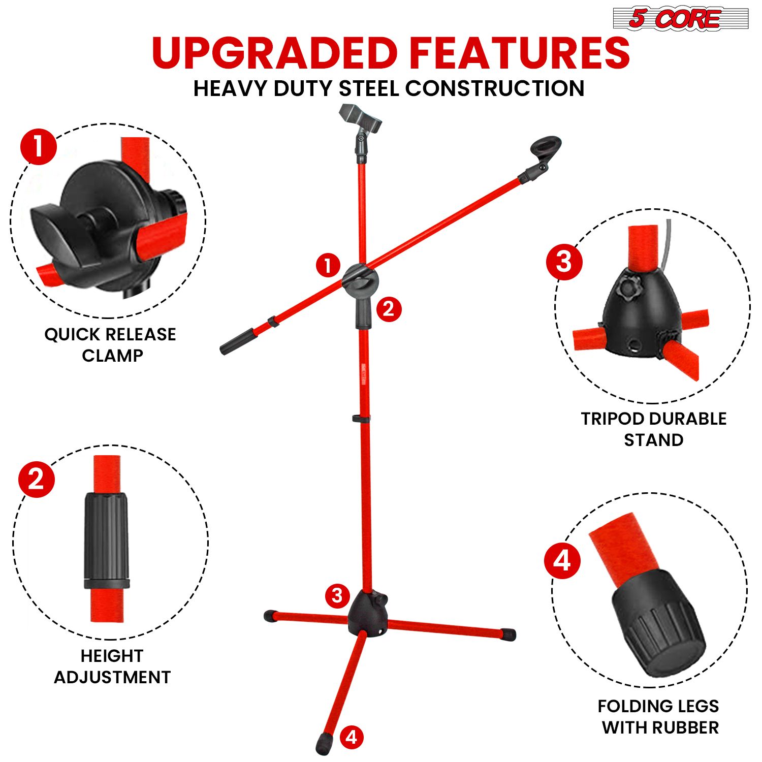 Tripod Mic Stand Floor Adjustable 31 to 76 Inches Boom Arm Holder Microphone Stands 360 Degree Rotating + Dual Mic,RED