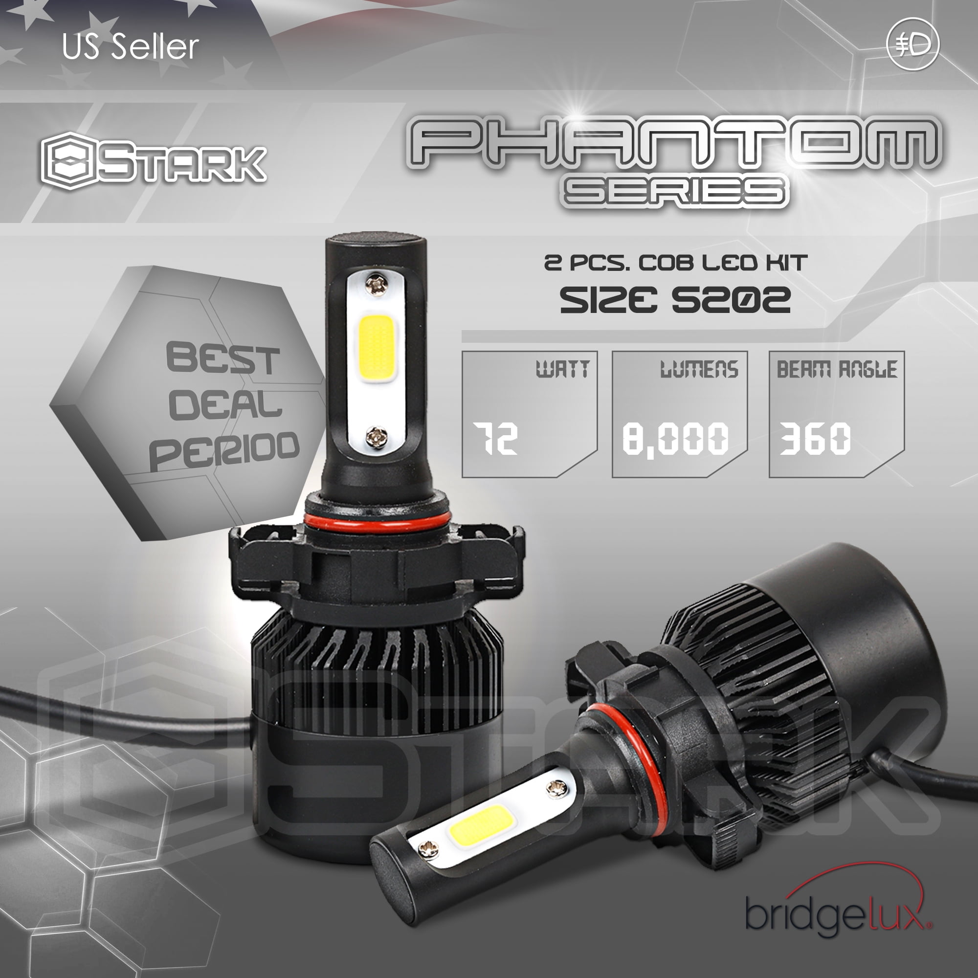 Stark 72W 8000LM US Bridge Lux COB LED Headlight Conversion Kit Pair