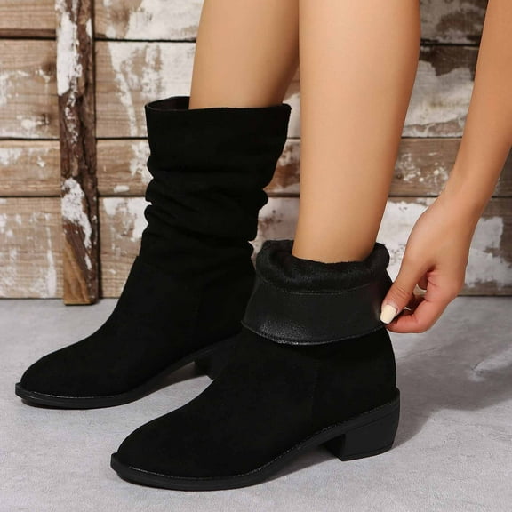 Lovskoo 2024 Women's Middle Mid Calf Boots Pointed Toe Chunky Heel Vintage Thick Heeled Mid Length Low Heeled Solid Color Pile Up Shoes Suede Black Skinny Boots Black