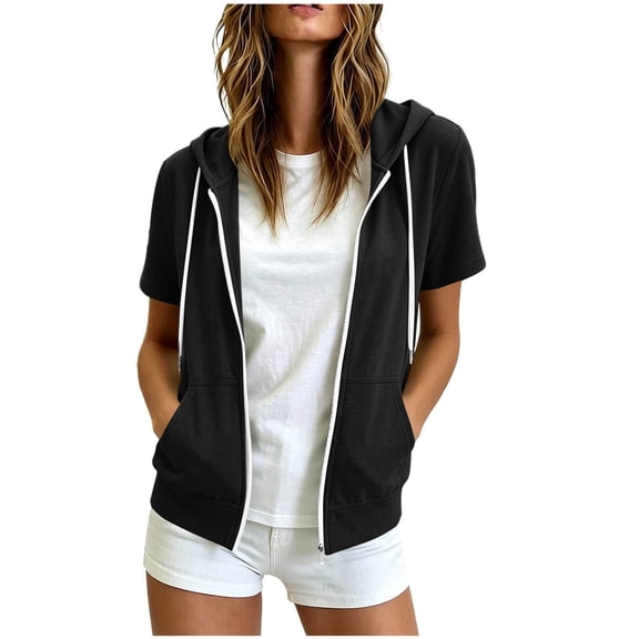 Admvng Women's Hooded Jacket Zip Up Short Sleeve Drawstring Hood Pocket Soft Knit Casual Lightweight Layering Top