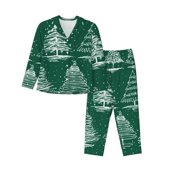 Vsdgher Christmas Trees Pajamas Set Long Sleeve Sleepwear Womens Button Down Nightwear Pj Sets-Small