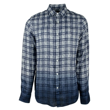 Men's Slim Fit Linen Dip Dyed Gingham Long Sleeve Shirt Small