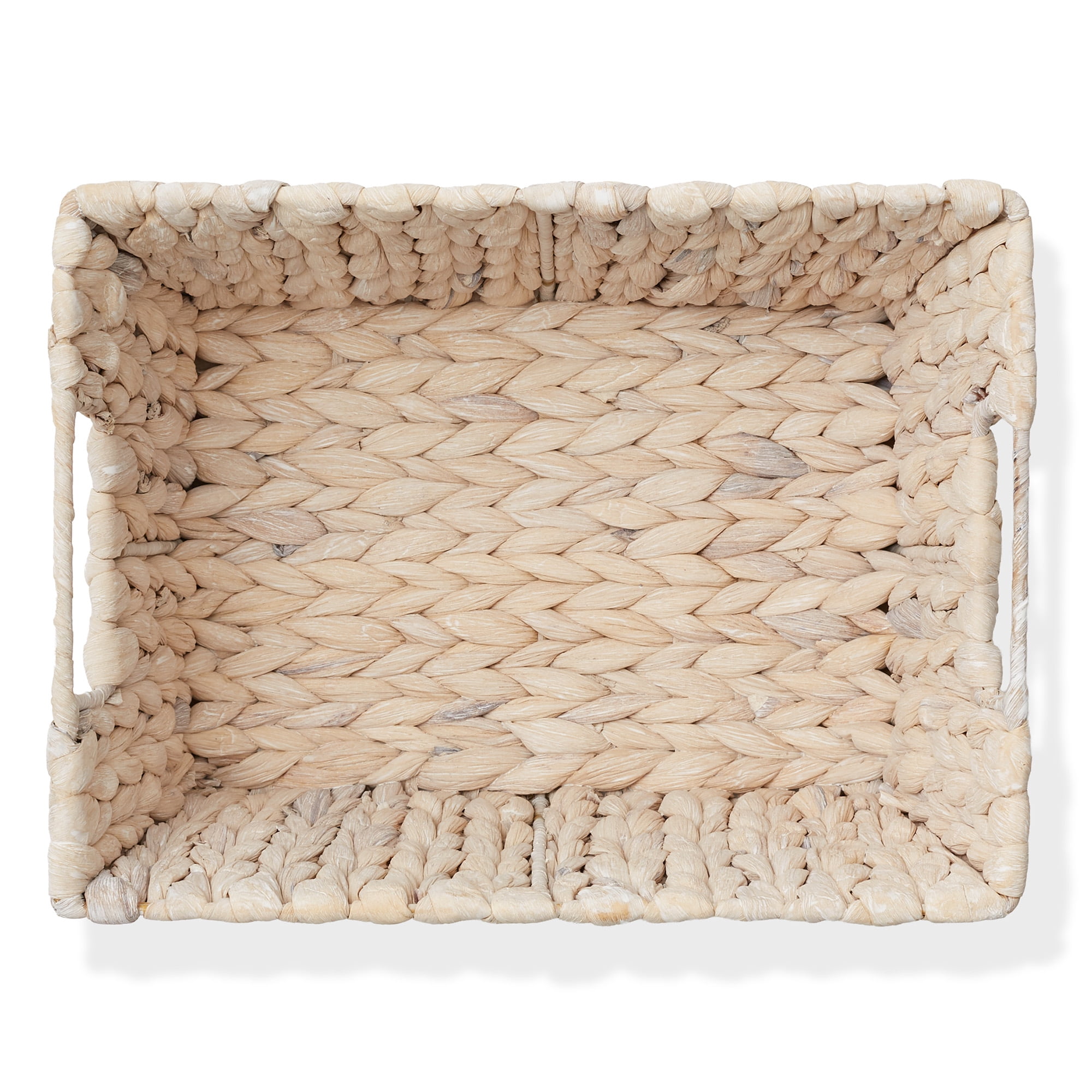 Casafield Set of 4 Water Hyacinth Storage Baskets with Handles - Whitewash White, 12" x 9" x 6" Rectangular Storage Shelf Bins, Blankets, Laundry