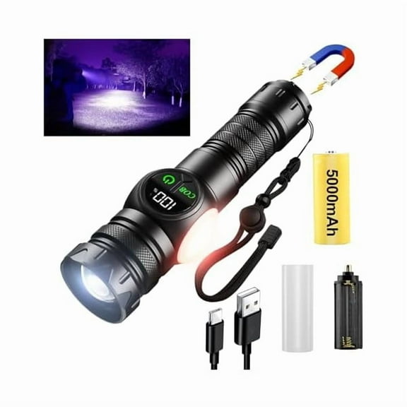 ZC4 in 1 Rechargeable White / 395nm UV Flashlight Dimming Stepless True 5000 Lumens IP45 Zoomable Beam UV Light, 5000mAh Zoomable Beam LED Flash Light with Magnet Power Failure