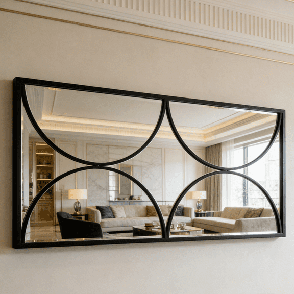 SHYFOY 47"x24" Black Metal Frame Wall Mirror, Modern Horizontal Rectangular Mirror with Geometric Design for Living Room, Bedroom & Entryway Decor