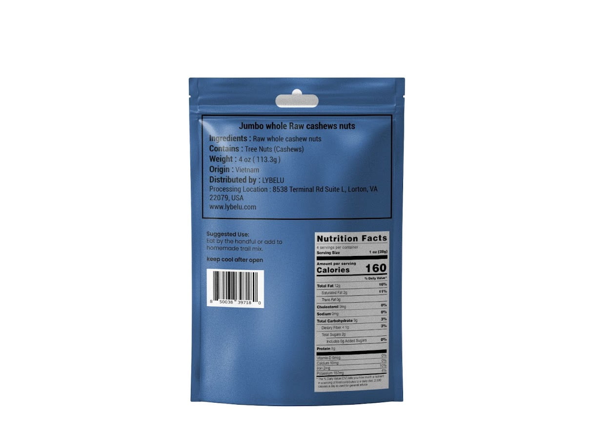 Lybelu Jumbo Whole Raw Cashews Nuts – 4oz (Pack of 6)