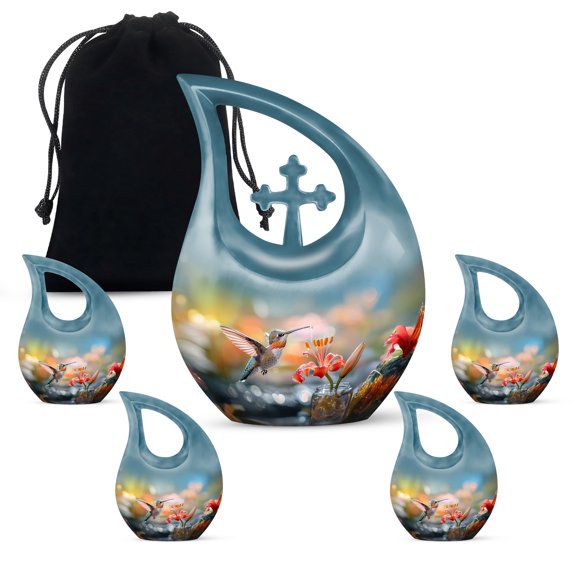 MUKTIVE Humming Bird Cremation Urns for Human Ashes for Male, Blue Combo Sets Funeral Burial Urn for Adults for Mom, Ashes Cremains Containers, Gift for Loss, (1 Large 10 ", 4 Keepsake 3 ")