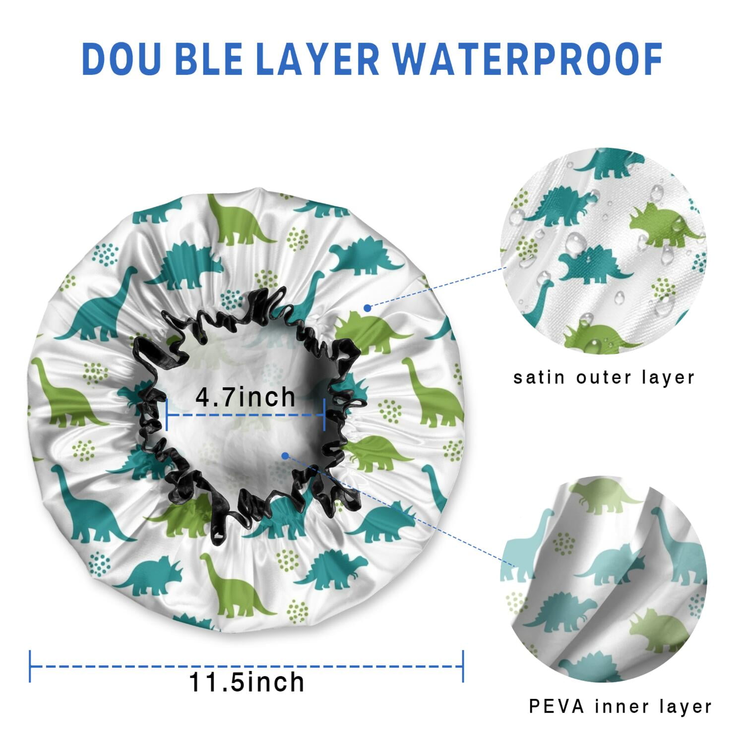 Shower Caps,White Dinosaurs Silhouette Pattern Waterproof Shower Cap for Women 4 Pieces,Double Reusable Hair Cover for Shower PEVA Elastic Stretch Hem