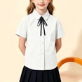 thumbnail image 4 of Girls School Shirt with Removable Bow Tie - Cotton Short Sleeve Button Down Peter Pan Collar Uniform Top - White,Size 10 T, 4 of 9
