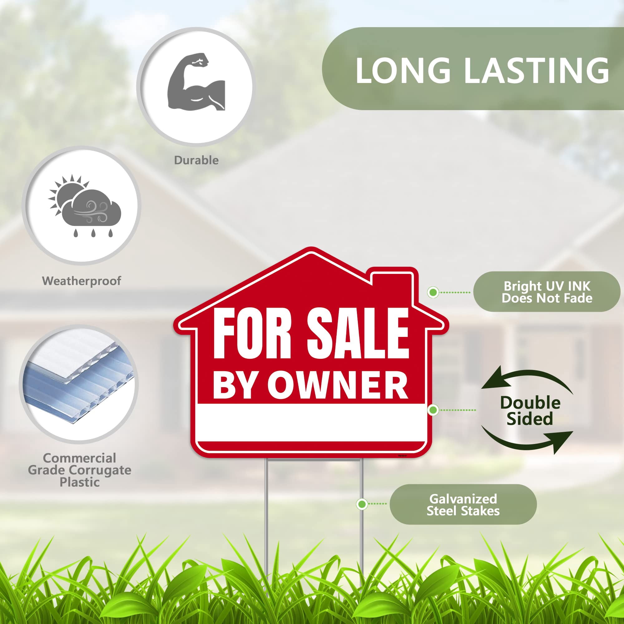 For Sale By Owner Yard Sign,Double Sided Corrugated Plastic FSBO Sign with Metal Stake,17 Inches by 13 Inches,Weatherproof Real Estate Sign for Home,House Property Outdoor Display