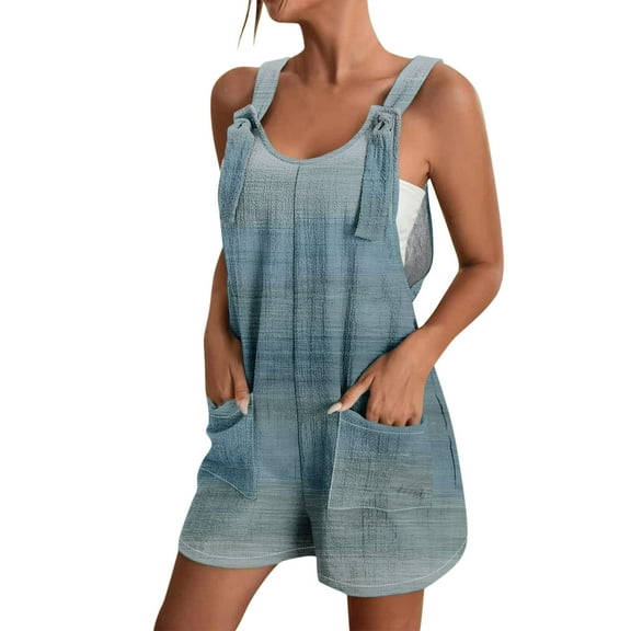 ZKIRBJV Summer Rompers for Women 2024 Dressy Denim Short Overalls Plus Size Strap Adjustable One Piece Jumpsuits Sleeveless Loose Overalls with Pockets Blue S
