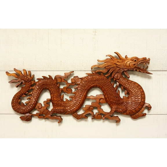 16" Wooden Dragon Wall Hanging Hand Carved Relief Plaque Statue Sculpture Handcrafted Gift Art Home Decor Figurine Accent Decoration Handmade
