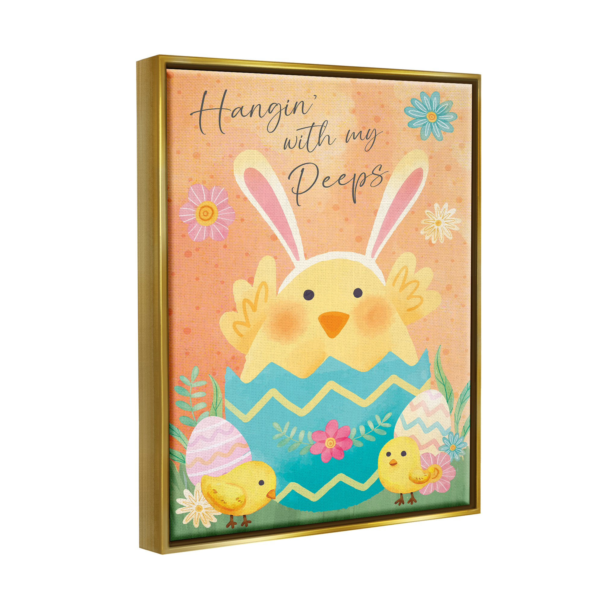 Hangin' With My Peeps Easter Egg Chicks Gold Floating Frame Canvas Art, 17 x 21, By Nicole DeCamp