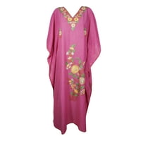 Mogul Women Maxi Caftan Dress Embellished Hot Pink Floral Embroidered Beach Cover Up Summer Dress 3XL