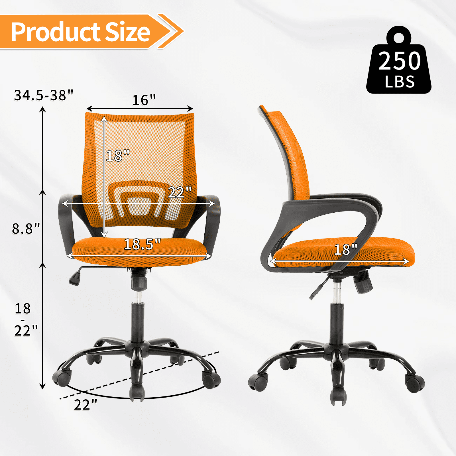 Mid Back Desk Chair Mesh Office Chair Height Adjustable Computer Chair Comfortable Seat & Back Support Ergonomic Task Rolling Swivel Chair with 360 Degree Casters & Armrest,Orange