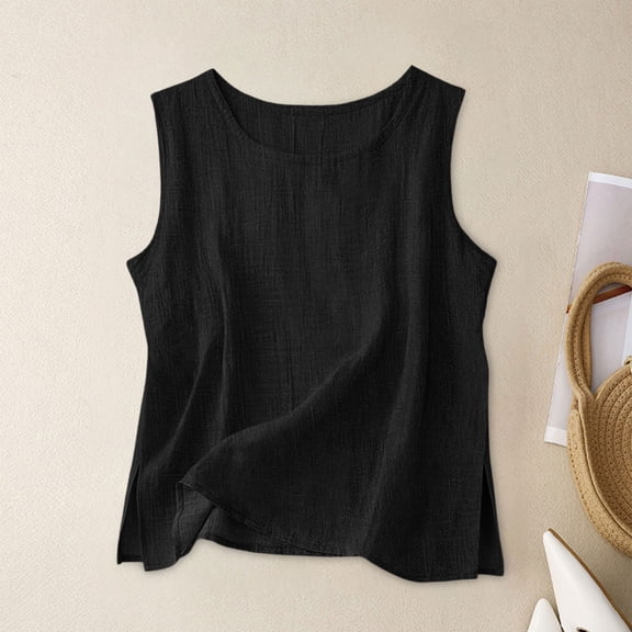 Roncen Women Cotton Linen Tank Tops Loose Causal Sleeveless Summer Shirts Crew Neck Gauze Crewneck Camisole 2026