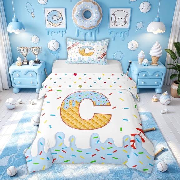 Meiyoeat Baseball Ice Cream Twin Bedding for Boys Girls, Blue Initial C Letter Duvet Cover Set, Polkadot Reversible, 1 Duvet Cover and 1 Pillowcase (No Comforter)
