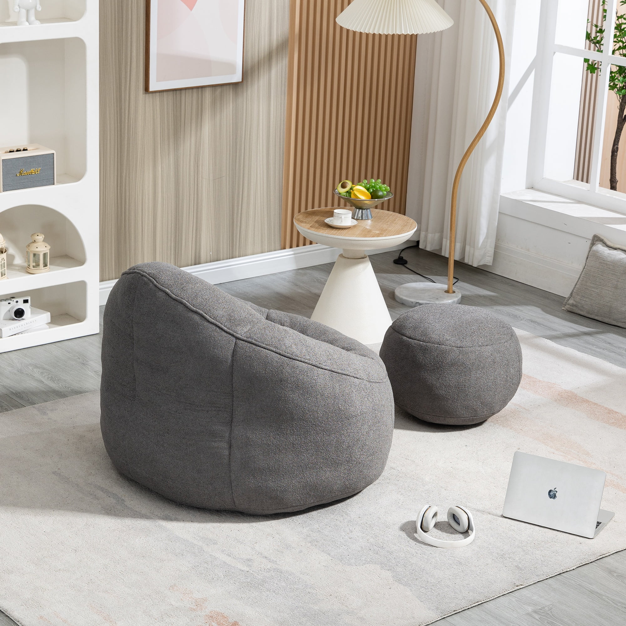Giant Bean Bag Chair with Footrest, Compressed Foam Lounger for Adults, Microfiber Sofa Seat, Grey