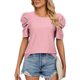 thumbnail image 1 of Blusa de manga corta para mujer, cuello redondo, manga plisada, patrón liso, elegante, versátil, camisa informal de verano, rosa, XL, 1 of 8