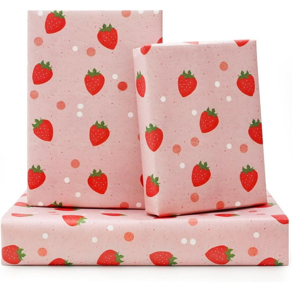 Strawberry Wrapping Paper, Pink Red Fruit Wrapping Paper, Pretty Cute Sweet Gift Wrap Paper 6 Sheets Folded Flat 20x28 inches per Sheet for Birthday, Baby Shower, Wedding, Spring Summer Party