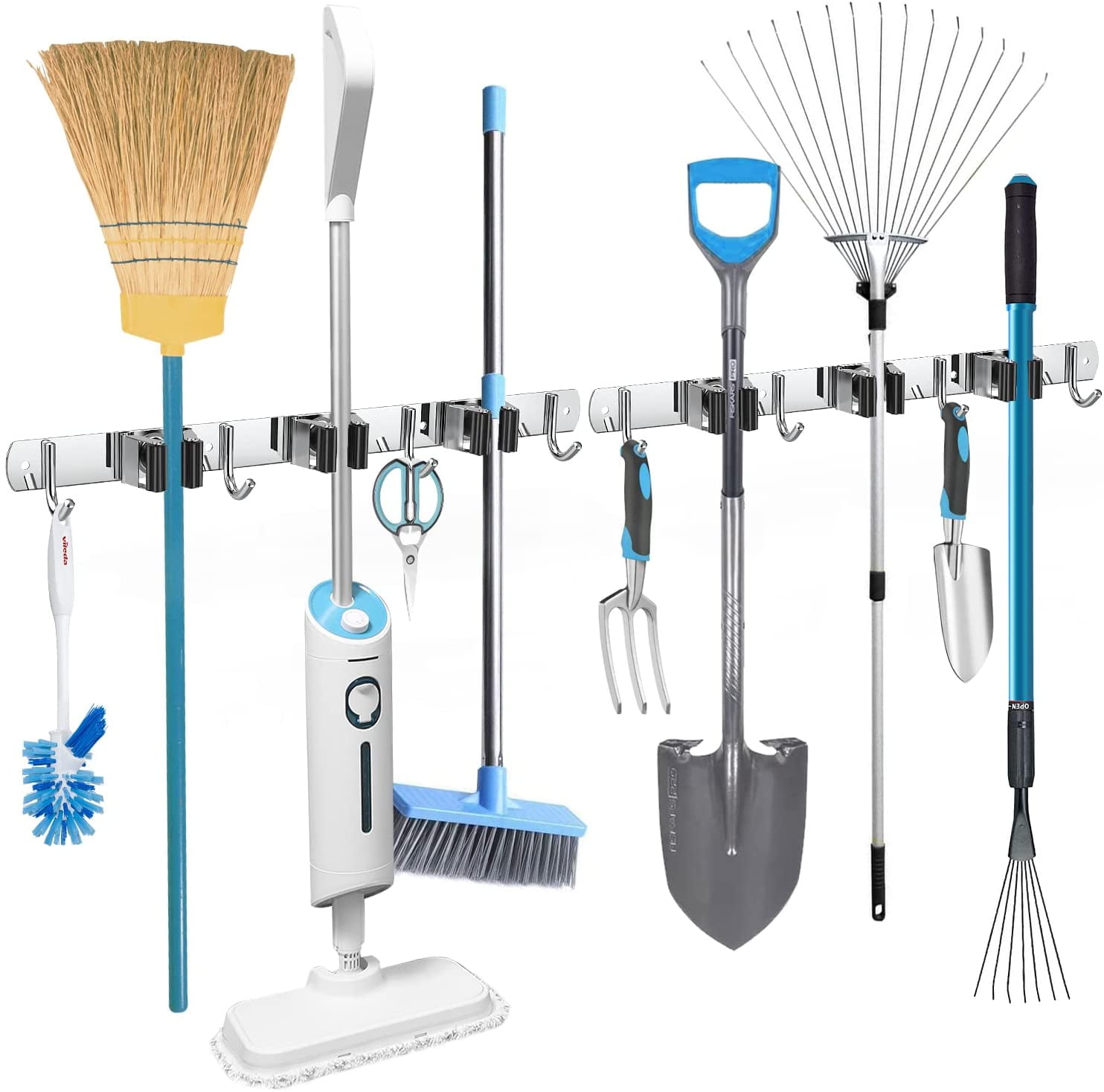 2 Pack Mop and Broom Holder Wall Mounted Home Tool Storage Rack with 3  Slots and 4 Hooks for Kitchen Garden - Walmart.com