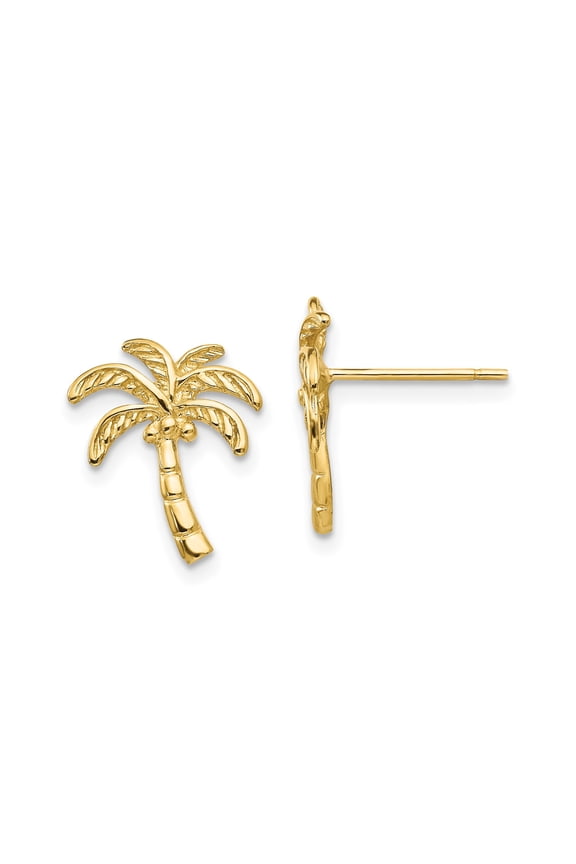 14k Yellow Gold Palm Tree Stud Earrings, Polished Tropical Beach Jewelry for Women
