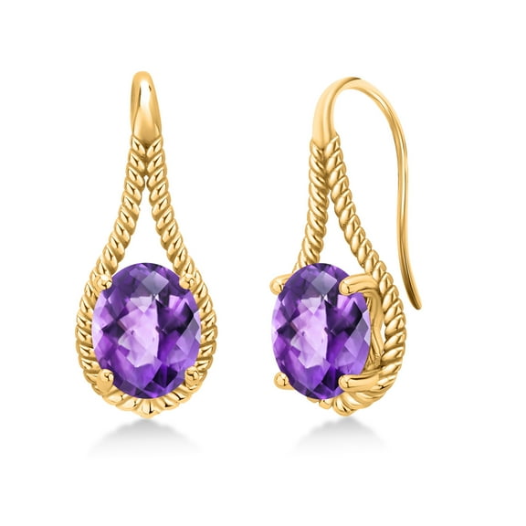 Gem Stone King 18K Yellow Gold Plated Silver Purple Amethyst Earrings for Women (3.00 Cttw, Gemstone February Birthstone, Oval Checkerboard 9X7MM)