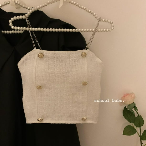 Chaleco corto con tirantes y cadena elegante, sin tirantes, con botones, estilo de celebridades, en blanco y negro, estilo francés retro, para mujer