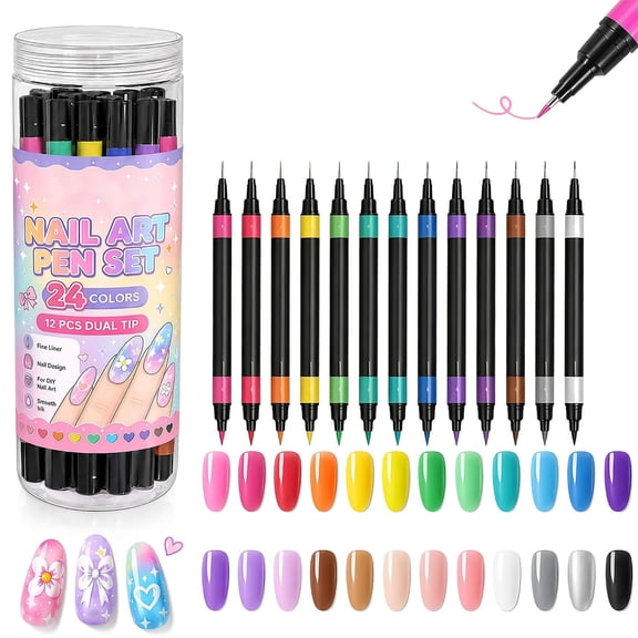 24-Color Dual-Ended Nail Art Pens, Quick-Dry Fine Liner and Brush Tips for DIY Manicure at Home