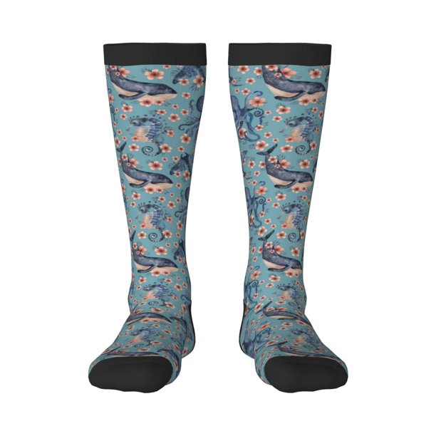 Fotbe Underwater Animals and Flowers Calcetas Divertidas Estampadas para Hombre y Mujer, Calcetas de Algodón hasta la Rodilla para Caminar, Correr, Enfermería y Embarazo