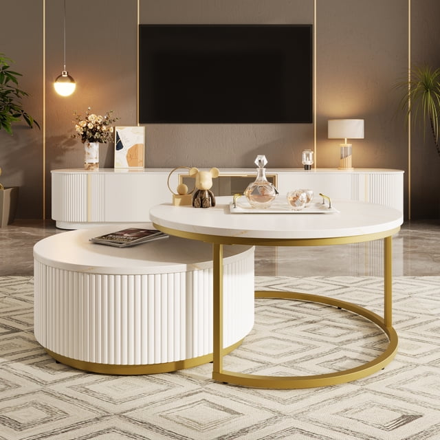 Table Basse Ronde Moderne avec Tiroir en Blanc et Or 27.6 Pouces, Blanc
