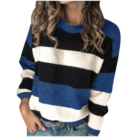 Sweaters for Women Lightweight Crew Neck Striped Long Sleeve Knitted Pullover Plus Size Fall Fashion Outfits,Blue,L