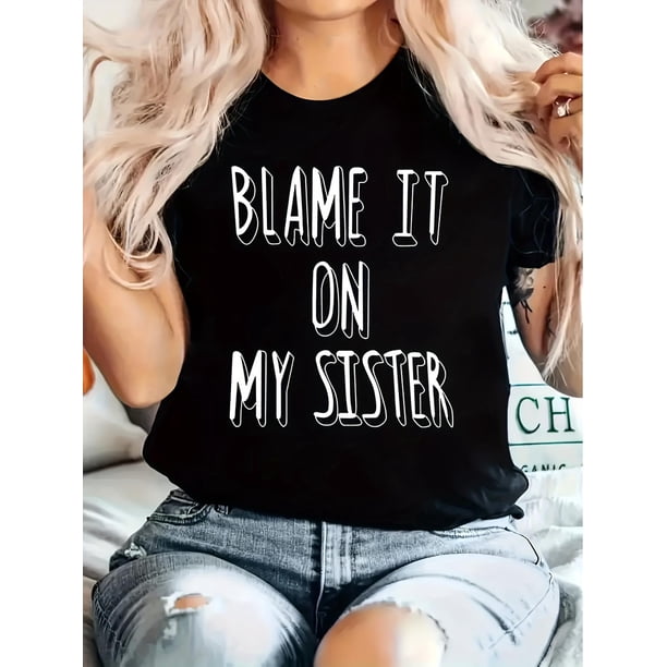 Women'S Vintage Crew Neck T-Shirt, "Blame It on My Sister" Geometric Print, 100% Polyester Knit Fabric, Regular Length, Summer Casual Top