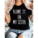 thumbnail image 1 of Women'S Vintage Crew Neck T-Shirt, "Blame It on My Sister" Geometric Print, 100% Polyester Knit Fabric, Regular Length, Summer Casual Top, 1 of 6