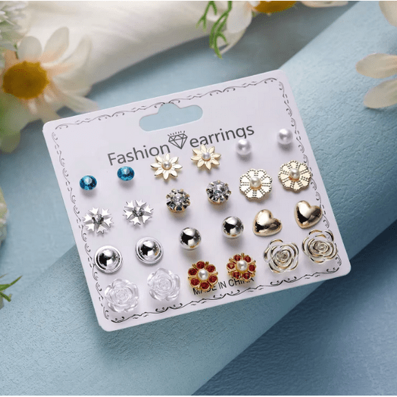 Mixed Shapes Clear, Red, White Cubic Zirconia, Pearl Stud Earrings, Stainless Steel, 12 Pairs