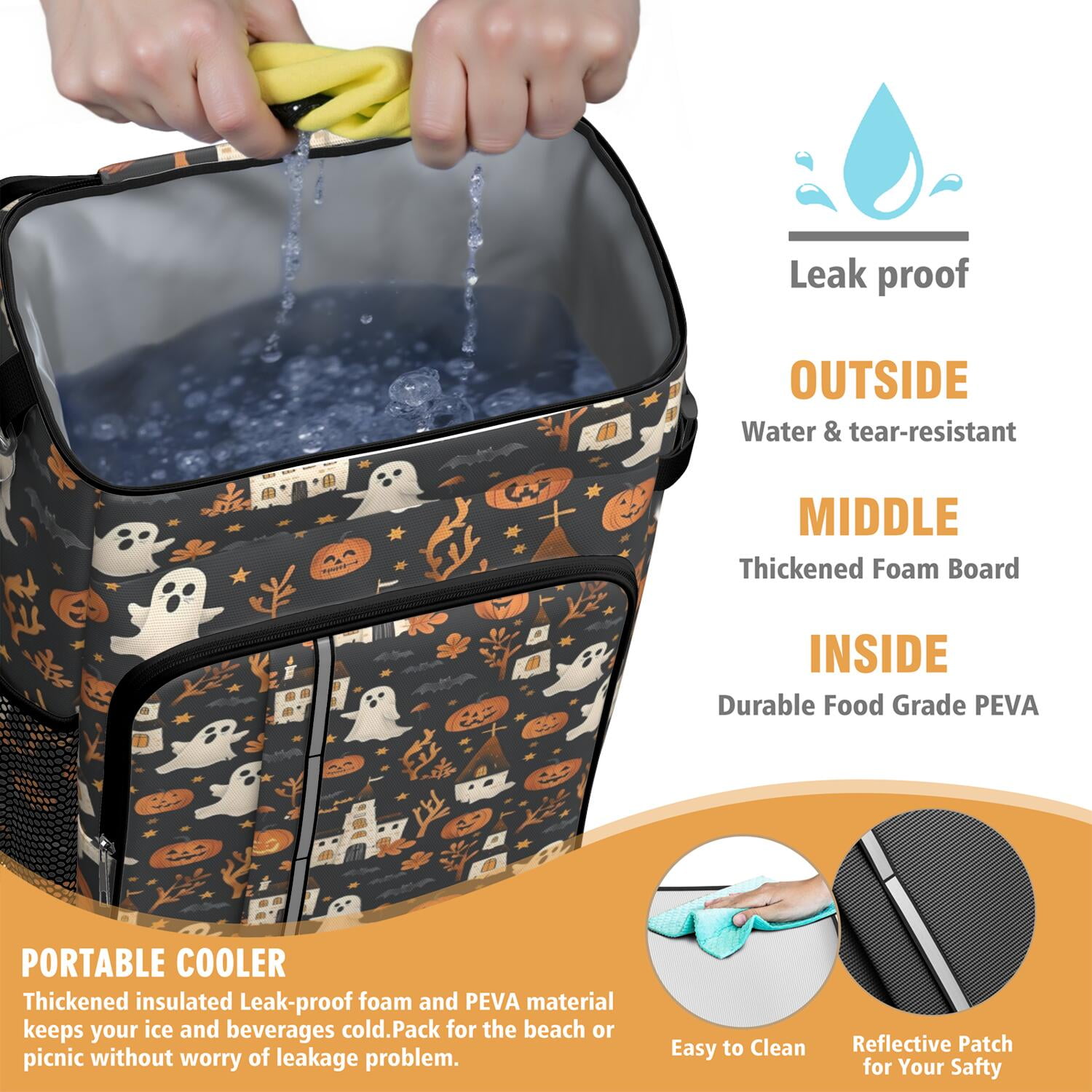 Travel Cooler Bag - Halloween Ghosts Pumpkins and Haunted Houses Camping Beer Cooler Backpack with Bottle Opener- Waterproof Insulated Picnic Backpacks - Cooler Bag for Beach