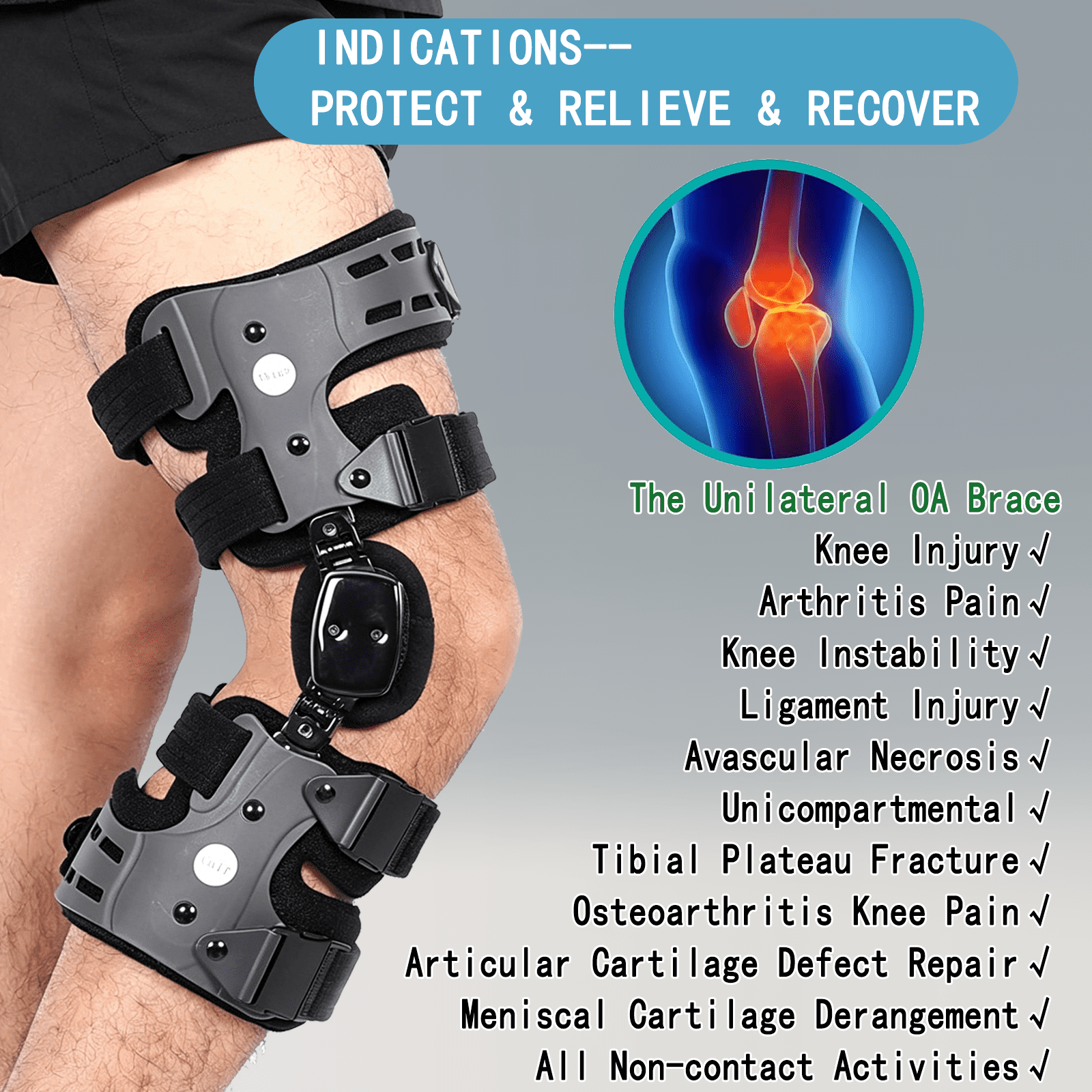 Komzer Elite Dual Adjustment Osteoarthritis Knee Brace for Women & Men, OA Unloader Knee Brace for Osteoarthritis, Arthritis Pain, Lateral Degeneration Knee Support (Gray, Right)
