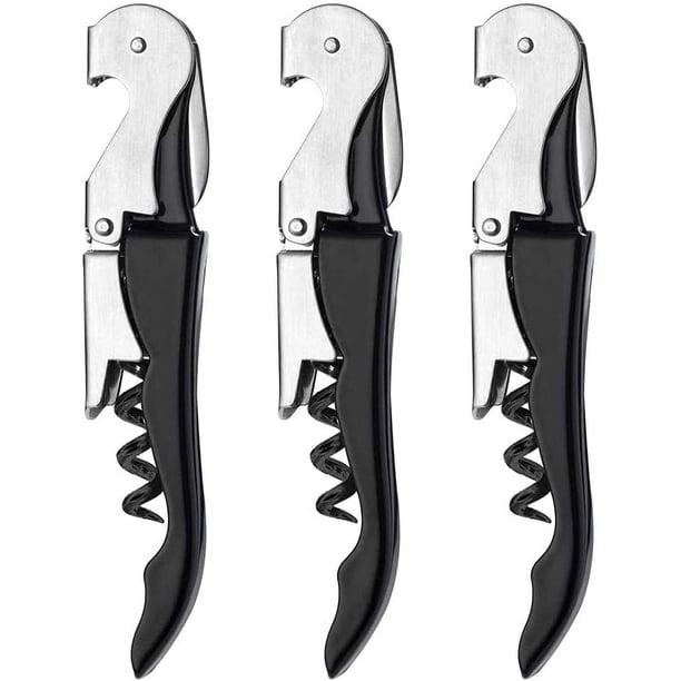 Paquete de 3 sacacorchos de acero al carbono, abridor de botellas de vino y cerveza 3 en 1, sacacorchos de camarero y cortador de papel de aluminio para sommeliers, camareros y camareros, negro