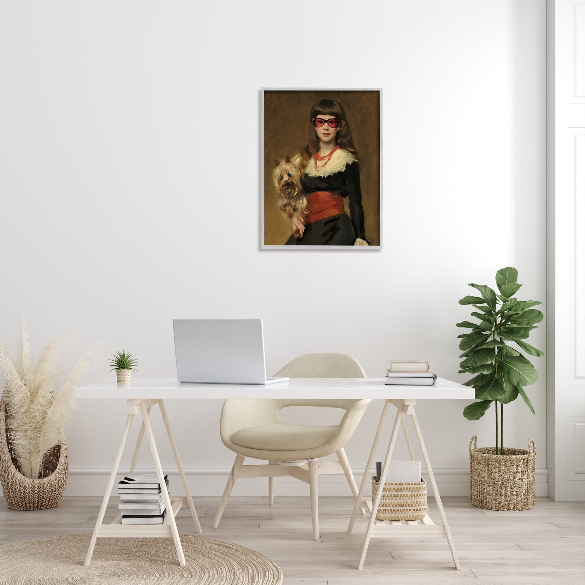 Stupell Industries Traditional Female Portrait Modernized Puppy Glam Sunglasses Animals & Insects Painting Gray Framed Art Print Wall Art, 24 x 30