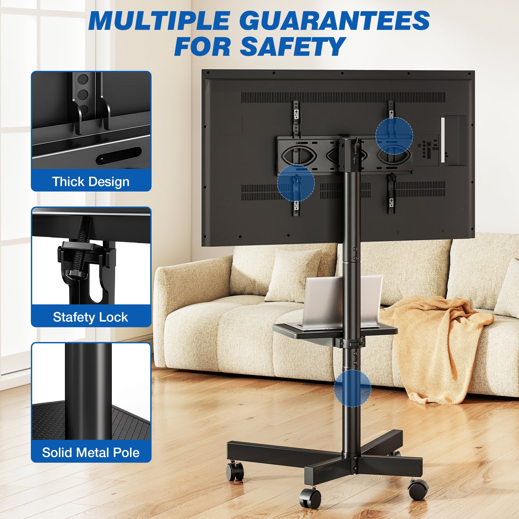 TAVR Furniture Mobile Rolling TV Cart with Locking Wheels for 23-60 inch TVs, Adjustable Rolling Floor Stand TV Trolley Holds up to 88lbs