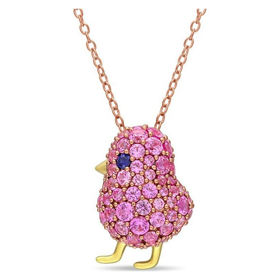 2.40 Carat (Ctw) Lab-Created Blue and Pink Sapphire Bird Charm Pendant Necklace in Yellow Sterling Silver with Chain
