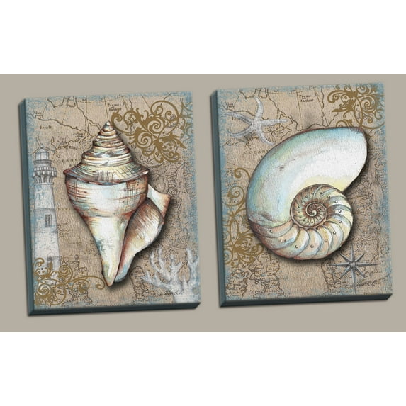 2 Brown Seashell Art Print Posters Lighthouse Ocean Sea Pirate Treasure Map, Set of Two 11x14 Hand-Stretched Canvases