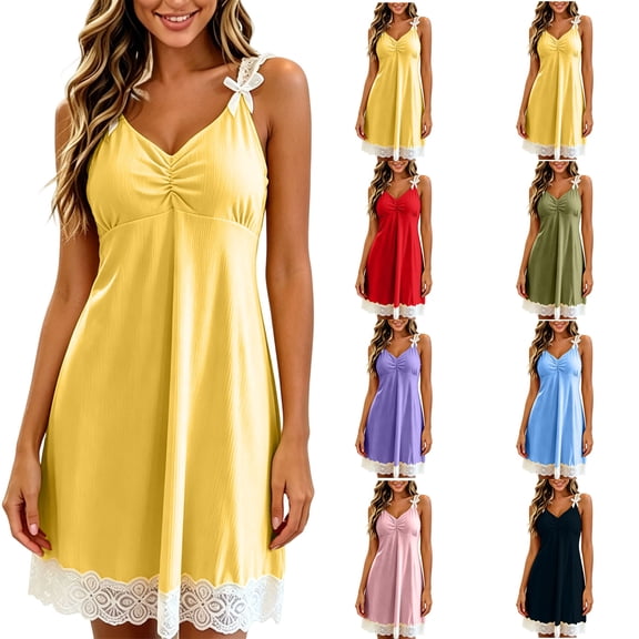 Chemise Nightgowns for Women Zaewscy Lady's At-home Lace Bowline Sleeveless Short Home Dress Yellow M