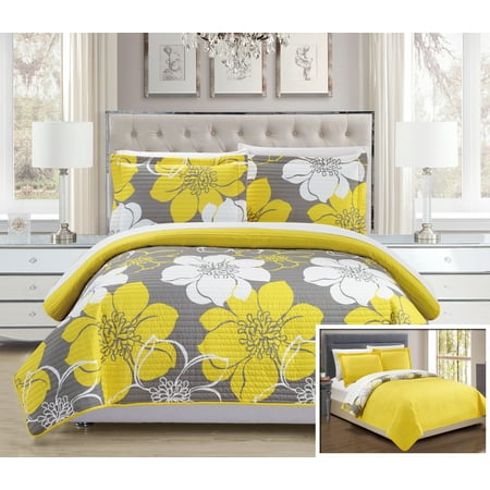 Floral Bedding - Chic Home 3-Piece Chase Abstract Large Scale Floral Printed King Quilt Set Yellow with 2 Shams