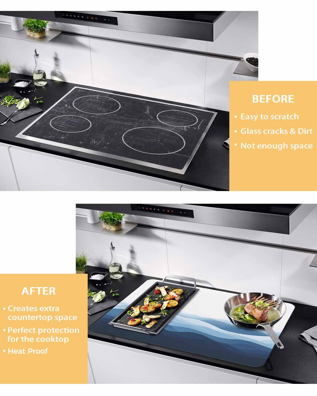 nqOlkjepod Large Induction Cooktop Protector Mat 36"x21", Blue Ombre Stove Top Covers for Electric Stove, Summer Minimalist Ocean Waves Decorative Stove Burner Cover Mats, Glass Top Stove Cover