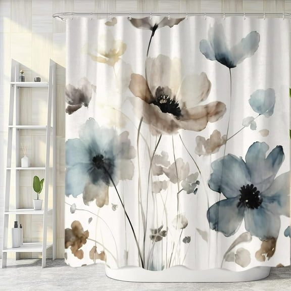 Boho Floral Shower Curtain, Cream Tan Beige Blue Grey White Watercolor Flower Fabric Shower Curtains Set for Bathroom Decoration with Hooks 72 X 72 inch Cute Farmhouse Bath Decor