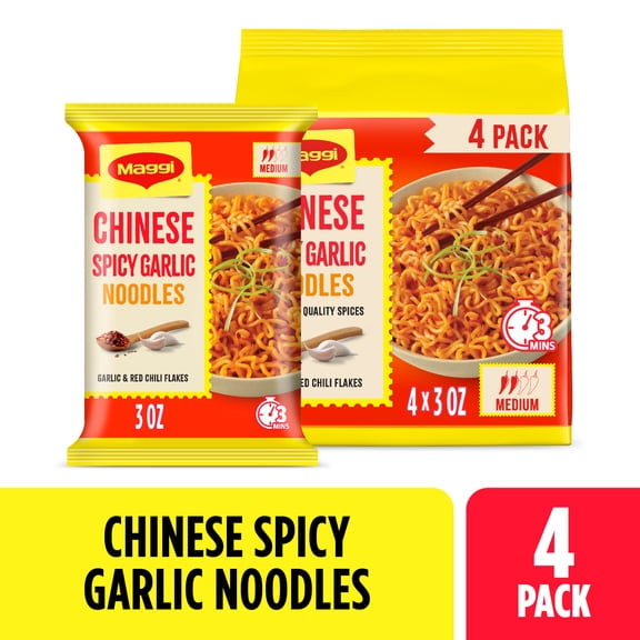 Maggi Chinese Spicy Garlic Noodles, Instant Noodles, 3 min, Medium Spicy, 4PK 12.2 oz