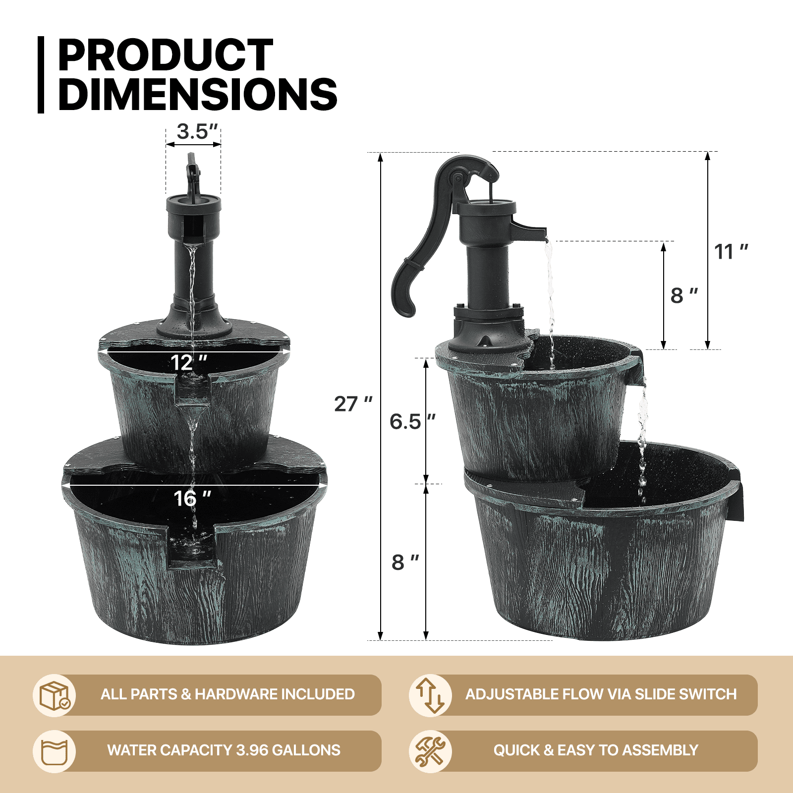 MoNiBloom 2-Tier Barrel and Pump Fountain Outdoor, 27" Tall Cascading Waterfall Fountain with Electric Recirculating Pump for Garden Patio Backyard Decor, Green