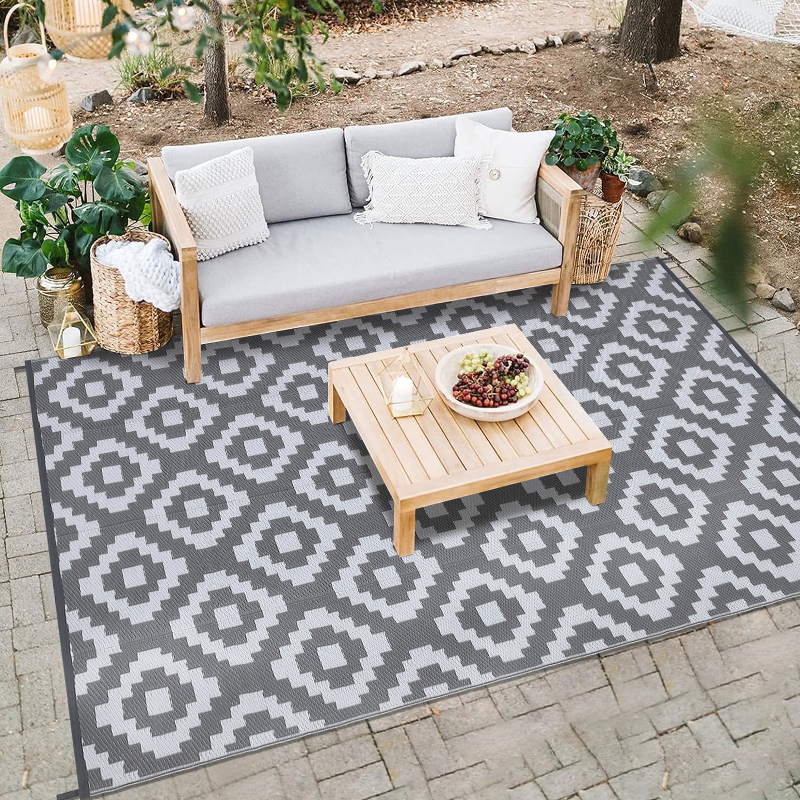 Garvee Waterproof Outdoor Rug 9'x18' Reversible Plastic Patio Rugs, Portable Modern Abstract Indoor Outdoor Carpet for Camping, Balcony, Deck, Backyard, Gray & White, with Storage Bag